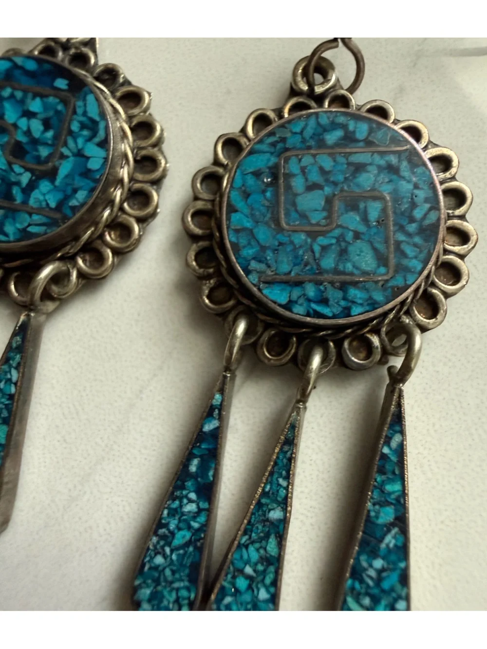 Vintage Native American Crushed Chip Turquoise Inlay Chandelier Silver Earrings